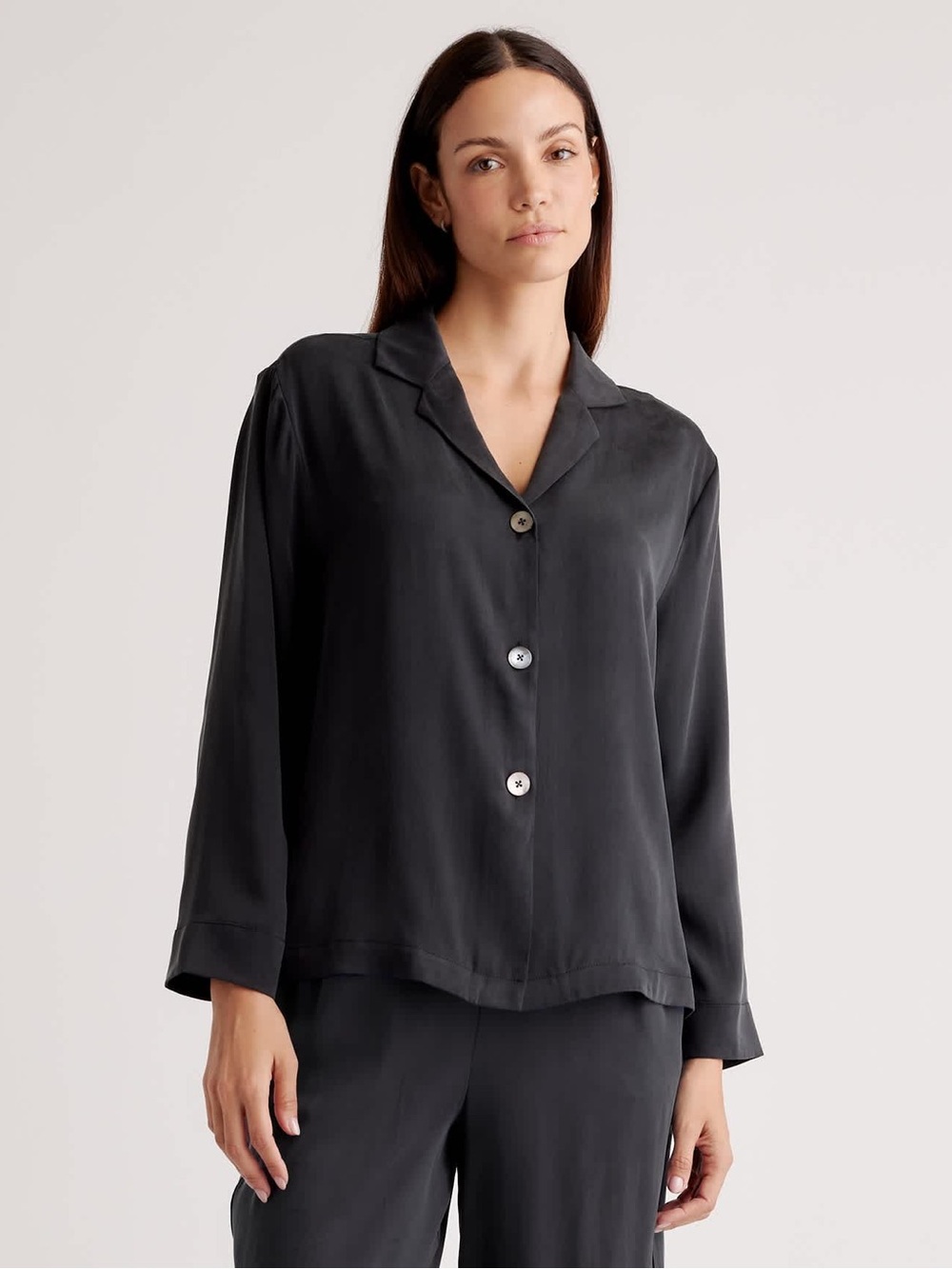 Quince 100% Washable Silk Pajama Top Long Sleeve Charcoal Grey Button Down M